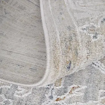 8' Ivory Taupe And Blue Oriental Distressed Runner Rug With Fringe