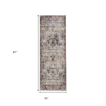 8' Ivory Red And Gray Ikat Runner Rug