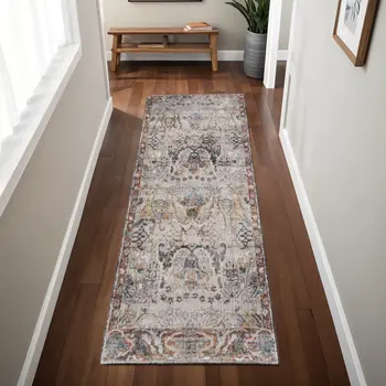 8' Ivory Red And Gray Ikat Runner Rug