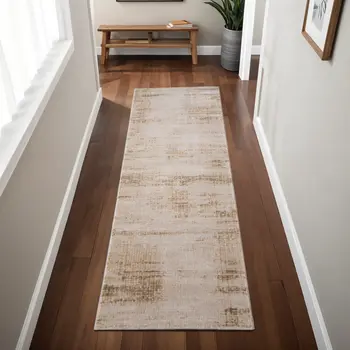 8' Ivory Brown And Tan Abstract Distressed Runner Rug