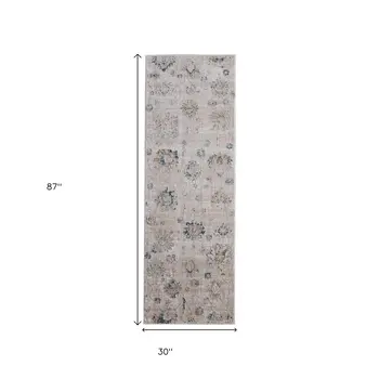8' Taupe Ivory And Blue Floral Distressed Runner Rug With Fringe