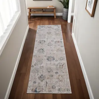 8' Taupe Ivory And Blue Floral Distressed Runner Rug With Fringe
