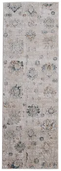 8' Taupe Ivory And Blue Floral Distressed Runner Rug With Fringe