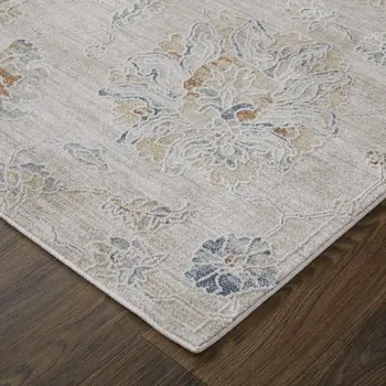 8' Taupe Ivory And Blue Floral Distressed Runner Rug With Fringe