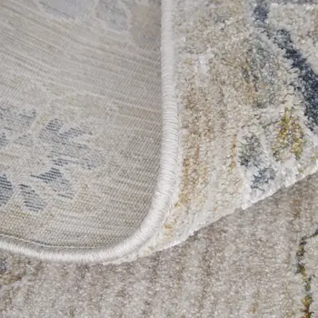 8' Taupe Ivory And Blue Floral Distressed Runner Rug With Fringe