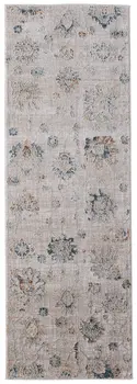 8' Taupe Ivory And Blue Floral Distressed Runner Rug With Fringe