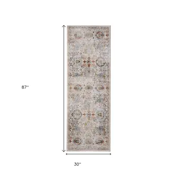 8' Tan Blue And Red Floral Runner Rug