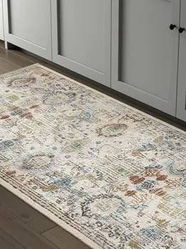 8' Tan Blue And Red Floral Runner Rug