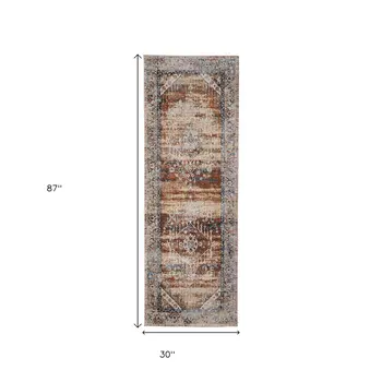 8' Ivory Red And Blue Abstract Distressed Runner Rug