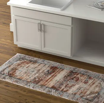 8' Ivory Red And Blue Abstract Distressed Runner Rug