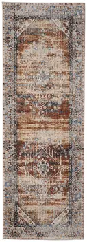 8' Ivory Red And Blue Abstract Distressed Runner Rug