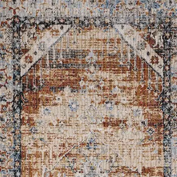 8' Ivory Red And Blue Abstract Distressed Runner Rug