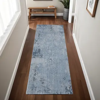 8' Blue And Black Abstract Runner Rug