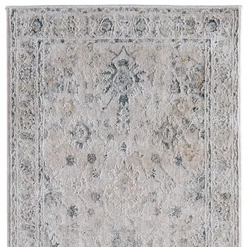 8' Ivory Taupe And Blue Floral Distressed Runner Rug With Fringe