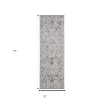 8' Ivory Taupe And Blue Floral Distressed Runner Rug With Fringe