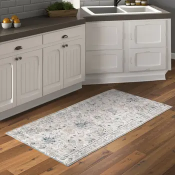 8' Ivory Taupe And Blue Floral Distressed Runner Rug With Fringe