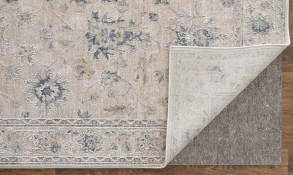 8' Ivory Taupe And Blue Floral Distressed Runner Rug With Fringe