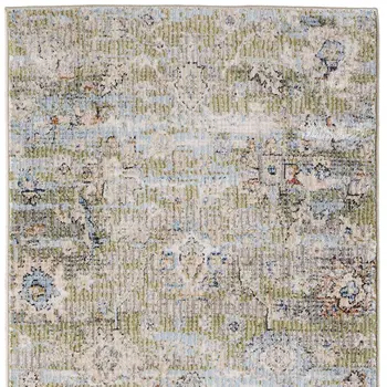 8' Green Ivory And Blue Floral Distressed Runner Rug