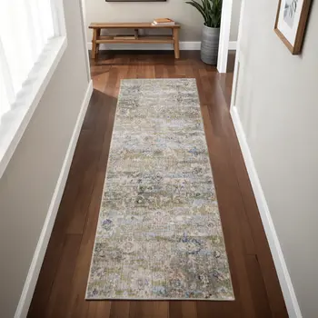 8' Green Ivory And Blue Floral Distressed Runner Rug
