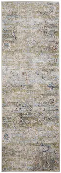 8' Green Ivory And Blue Floral Distressed Runner Rug