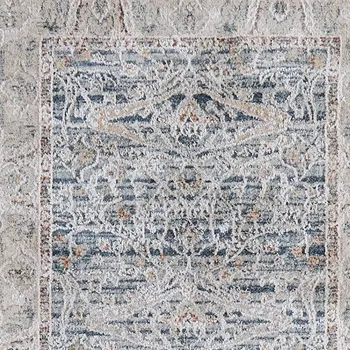 8' Blue Taupe And Ivory Ikat Distressed Runner Rug With Fringe