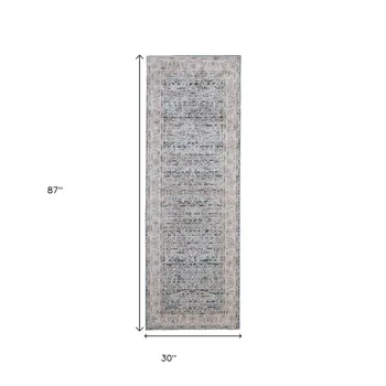 8' Blue Taupe And Ivory Ikat Distressed Runner Rug With Fringe