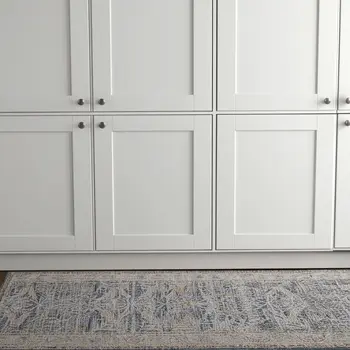 8' Blue Taupe And Ivory Ikat Distressed Runner Rug With Fringe