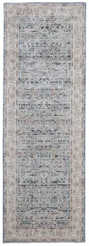 8' Blue Taupe And Ivory Ikat Distressed Runner Rug With Fringe
