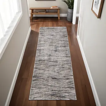 8' Gray Ivory And Tan Abstract Runner Rug
