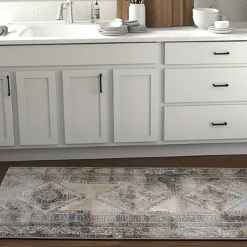 8' Gray Red And Blue Abstract Distressed Runner Rug