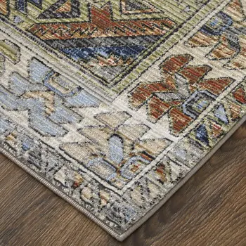 8' Gray Red And Blue Abstract Distressed Runner Rug