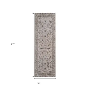 8' Ivory Blue And Red Ikat Distressed Runner Rug With Fringe