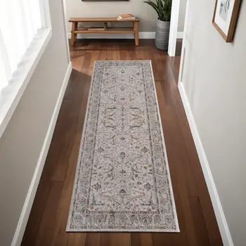 8' Ivory Blue And Red Ikat Distressed Runner Rug With Fringe