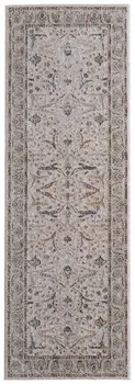 8' Ivory Blue And Red Ikat Distressed Runner Rug With Fringe