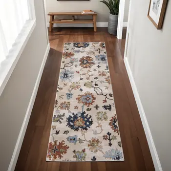 8' Ivory Red And Blue Floral Runner Rug