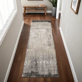 8' Gray Ivory And Taupe Abstract Distressed Runner Rug