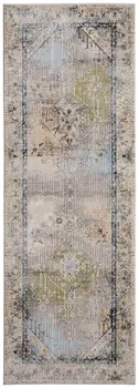 8' Ivory Green And Blue Abstract Distressed Runner Rug