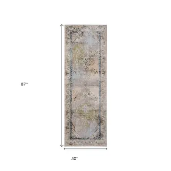 8' Ivory Green And Blue Abstract Distressed Runner Rug