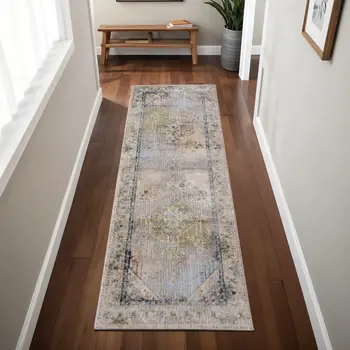 8' Ivory Green And Blue Abstract Distressed Runner Rug