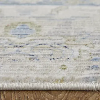 8' Ivory Green And Blue Abstract Distressed Runner Rug