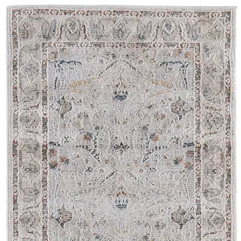 8' Ivory Blue And Taupe Ikat Distressed Runner Rug With Fringe