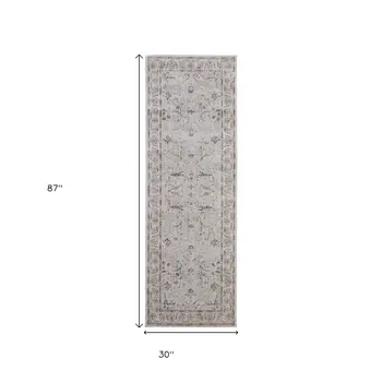 8' Ivory Blue And Taupe Ikat Distressed Runner Rug With Fringe