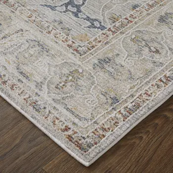 8' Ivory Blue And Taupe Ikat Distressed Runner Rug With Fringe