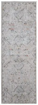 8' Ivory Blue And Tan Abstract Distressed Runner Rug With Fringe
