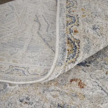 8' Ivory Blue And Tan Abstract Distressed Runner Rug With Fringe