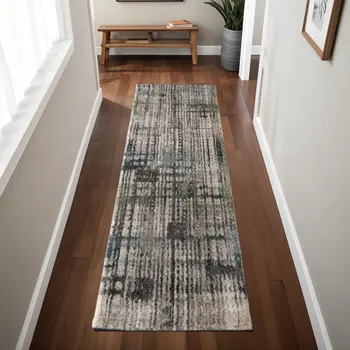 8' Gray Black And Ivory Abstract Distressed Runner Rug