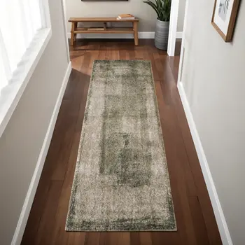 8' Green And Tan Abstract Distressed Runner Rug