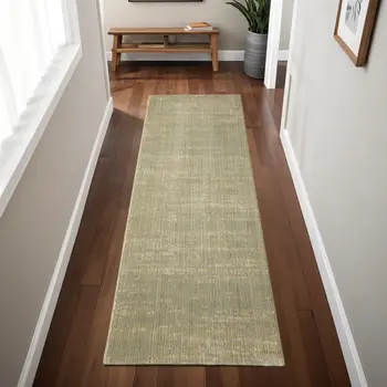 8' Green And Tan Runner Rug