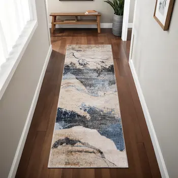 8' Tan Blue And Gray Abstract Runner Rug