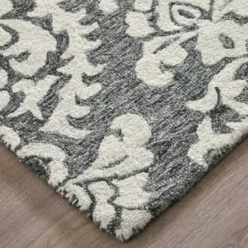 8' X 10' Gray Ivory And Black Floral Hand Tufted Area Rug